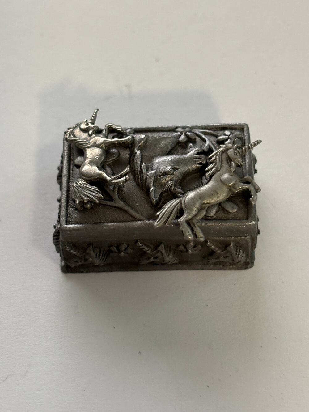 Vintage Torino Pewter Unicorn Earrings, Brooch, Trinket Box Set